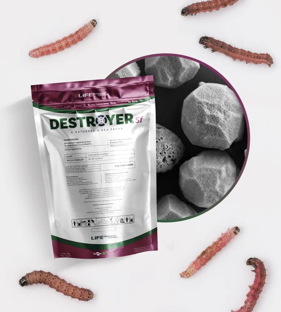 Diferenciais do Destroyer Sf Embalagem do produto Destroyer com as lagartas, pragas da plantação do milho
